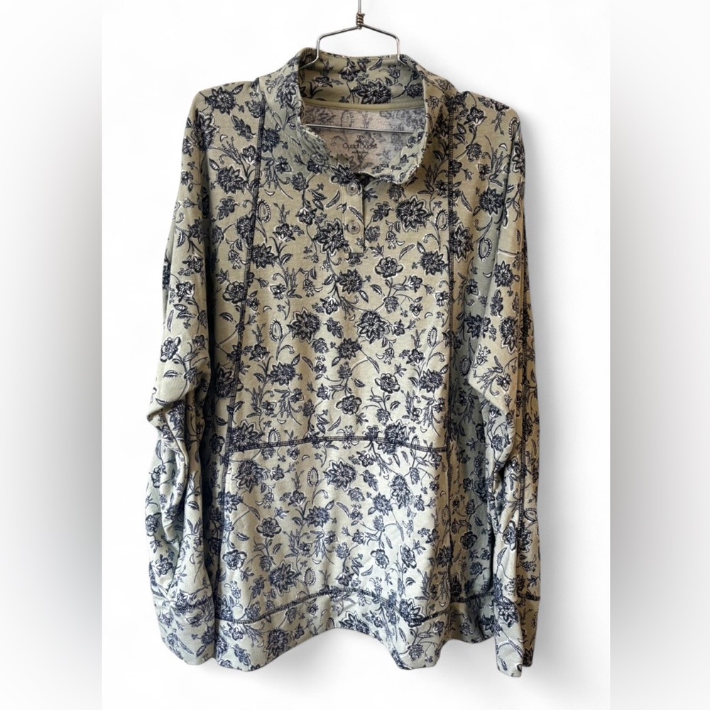Cuddl Duds 2X Mock Neck Green Floral Print Women's Henley Pullover